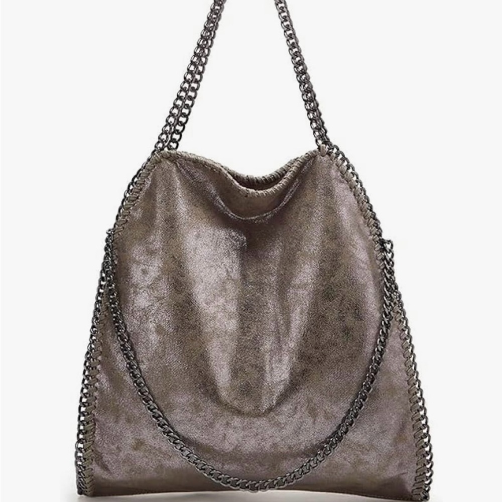 Elegant Chain-Trimmed Gray Tote Bag